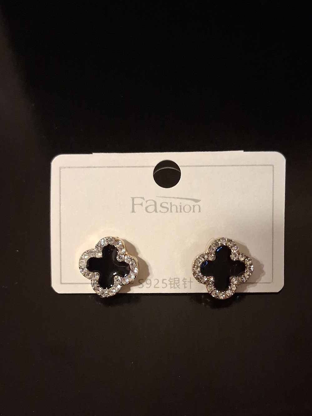 Black Clover Earrings With Sparkling Rhinestones & 925 Post New
